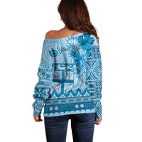 Vintage Bula Fiji Personalised Off Shoulder Sweater Blue Hibiscus Tapa Pattern LT9 - Polynesian Pride
