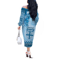 Vintage Bula Fiji Personalised Off The Shoulder Long Sleeve Dress Blue Hibiscus Tapa Pattern LT9 - Polynesian Pride
