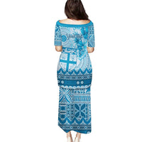 Vintage Bula Fiji Personalised Puletasi Blue Hibiscus Tapa Pattern LT9 - Polynesian Pride