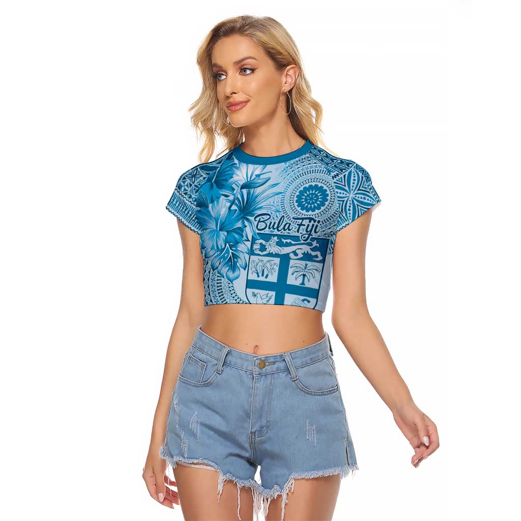 Vintage Bula Fiji Personalised Raglan Cropped T Shirt Blue Hibiscus Tapa Pattern LT9 Female Blue - Polynesian Pride
