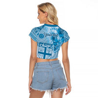Vintage Bula Fiji Personalised Raglan Cropped T Shirt Blue Hibiscus Tapa Pattern LT9 - Polynesian Pride