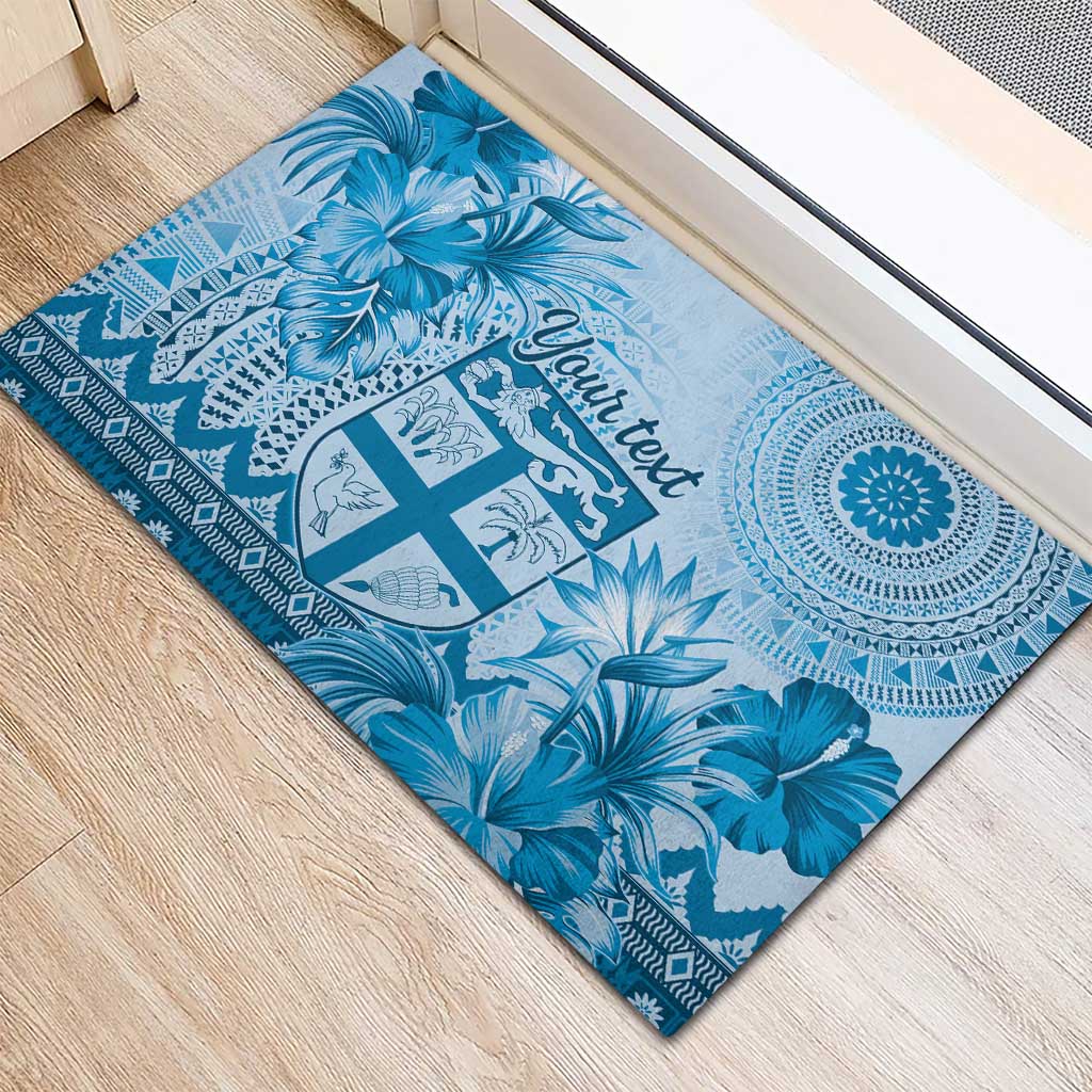 Vintage Bula Fiji Personalised Rubber Doormat Blue Hibiscus Tapa Pattern LT9 - Polynesian Pride