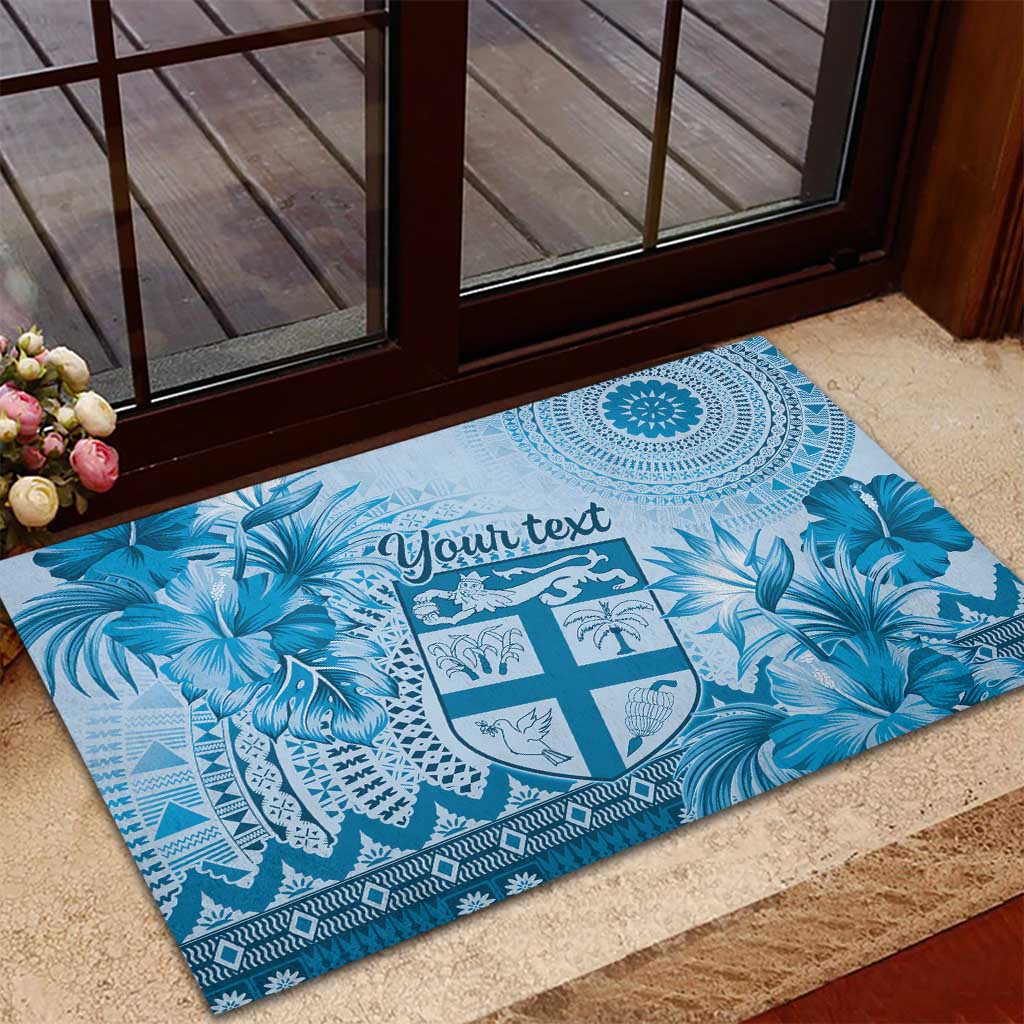 Vintage Bula Fiji Personalised Rubber Doormat Blue Hibiscus Tapa Pattern LT9 - Polynesian Pride
