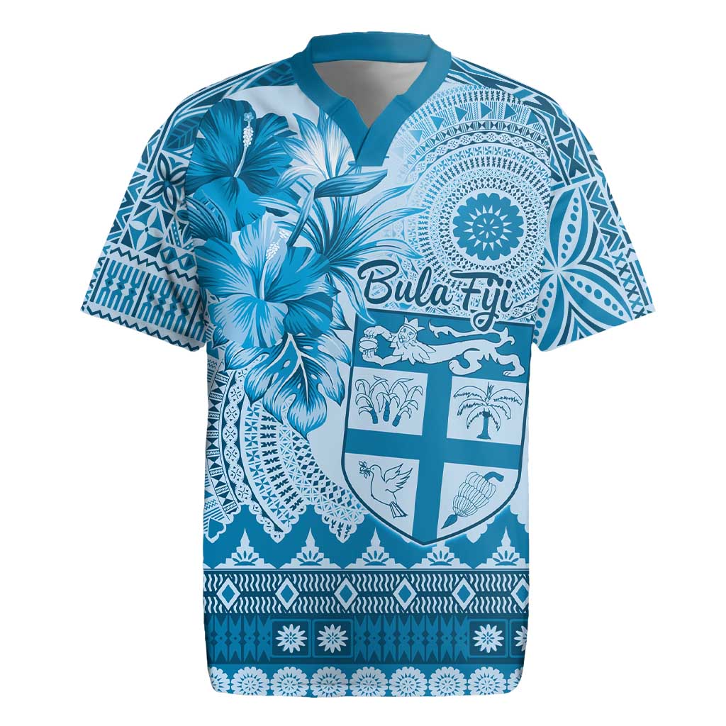 Vintage Bula Fiji Personalised Rugby Jersey Blue Hibiscus Tapa Pattern LT9 Blue - Polynesian Pride