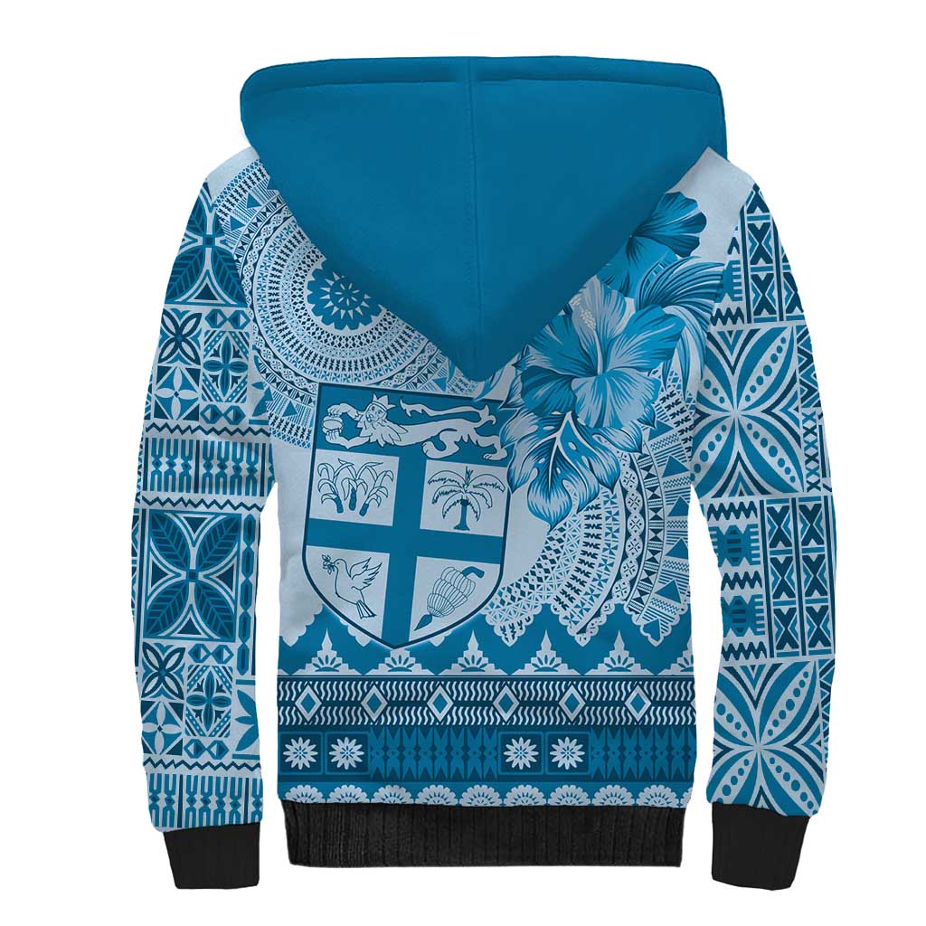 Vintage Bula Fiji Personalised Sherpa Hoodie Blue Hibiscus Tapa Pattern LT9 - Polynesian Pride