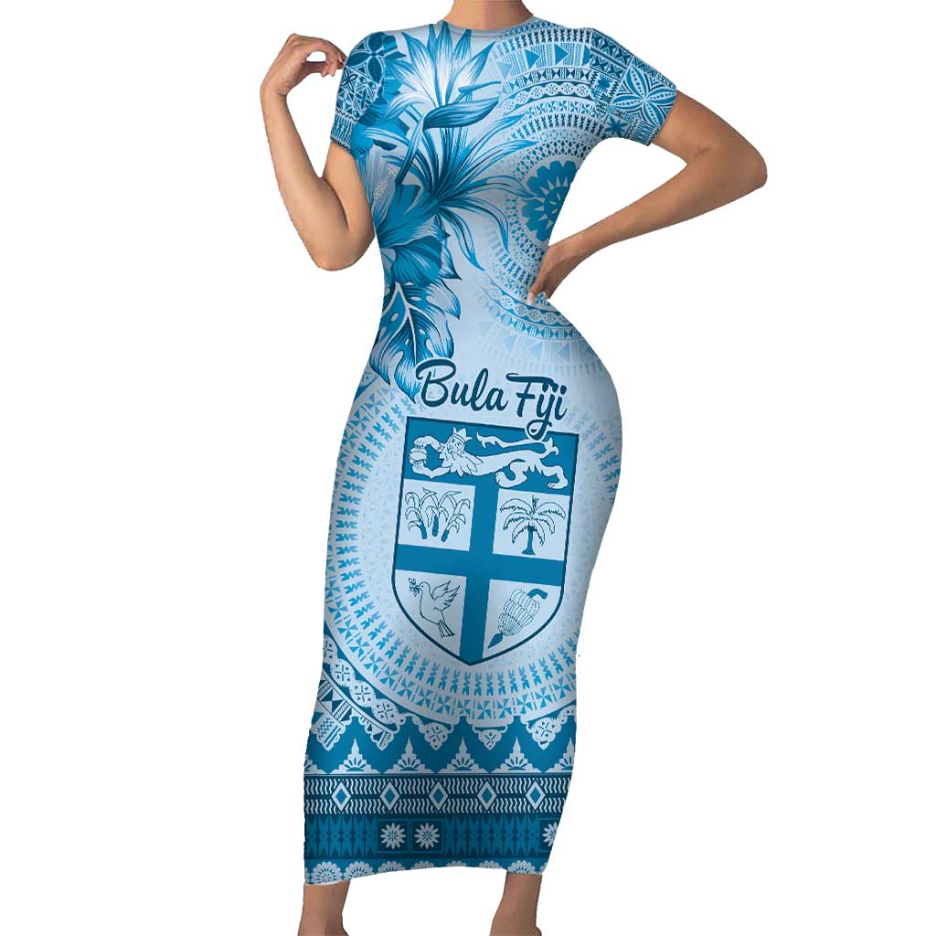Vintage Bula Fiji Personalised Short Sleeve Bodycon Dress Blue Hibiscus Tapa Pattern LT9 Long Dress Blue - Polynesian Pride