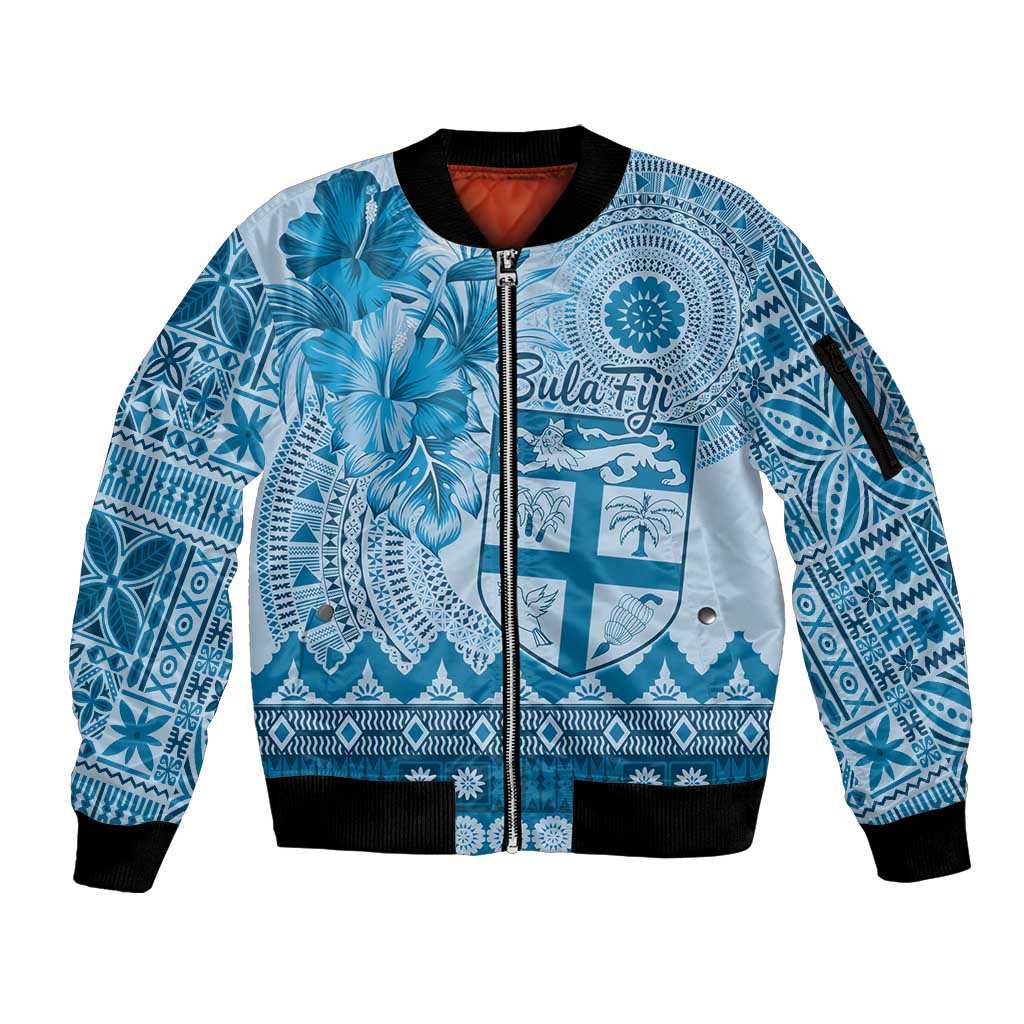 Vintage Bula Fiji Personalised Sleeve Zip Bomber Jacket Blue Hibiscus Tapa Pattern LT9 Unisex Blue - Polynesian Pride