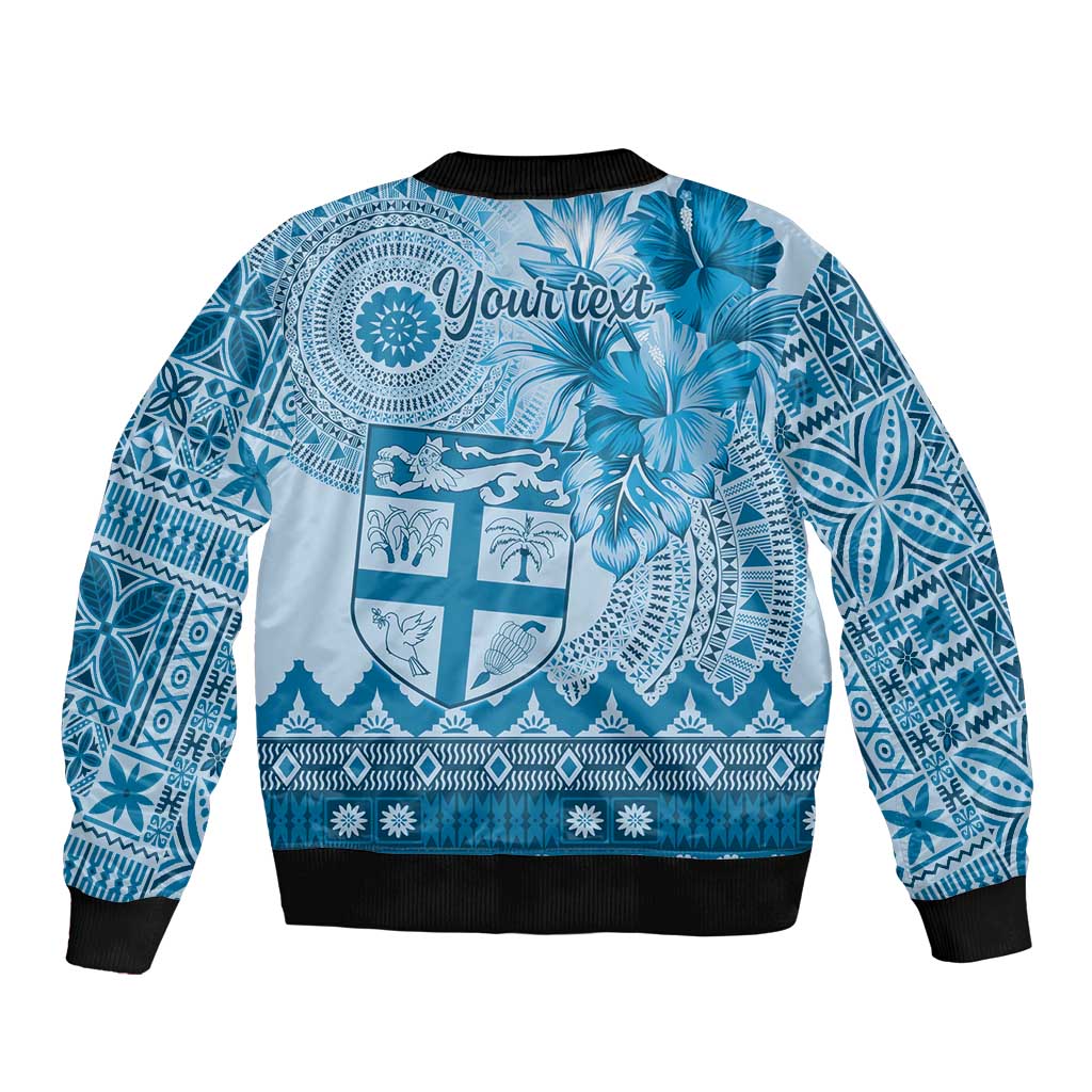 Vintage Bula Fiji Personalised Sleeve Zip Bomber Jacket Blue Hibiscus Tapa Pattern LT9 - Polynesian Pride