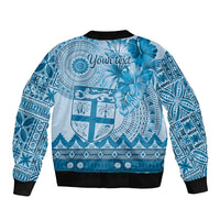 Vintage Bula Fiji Personalised Sleeve Zip Bomber Jacket Blue Hibiscus Tapa Pattern LT9 - Polynesian Pride