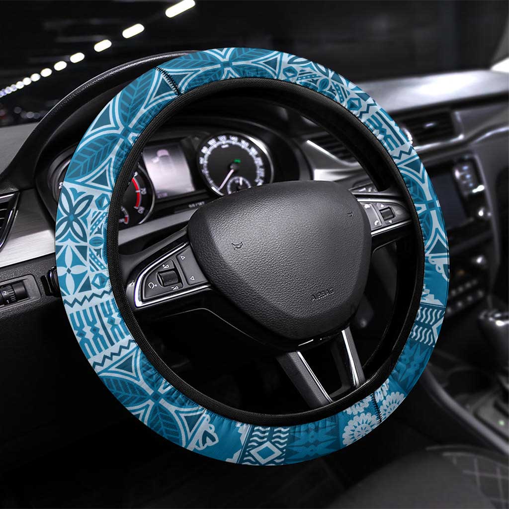 Vintage Bula Fiji Personalised Steering Wheel Cover Blue Hibiscus Tapa Pattern LT9 Universal Fit Blue - Polynesian Pride