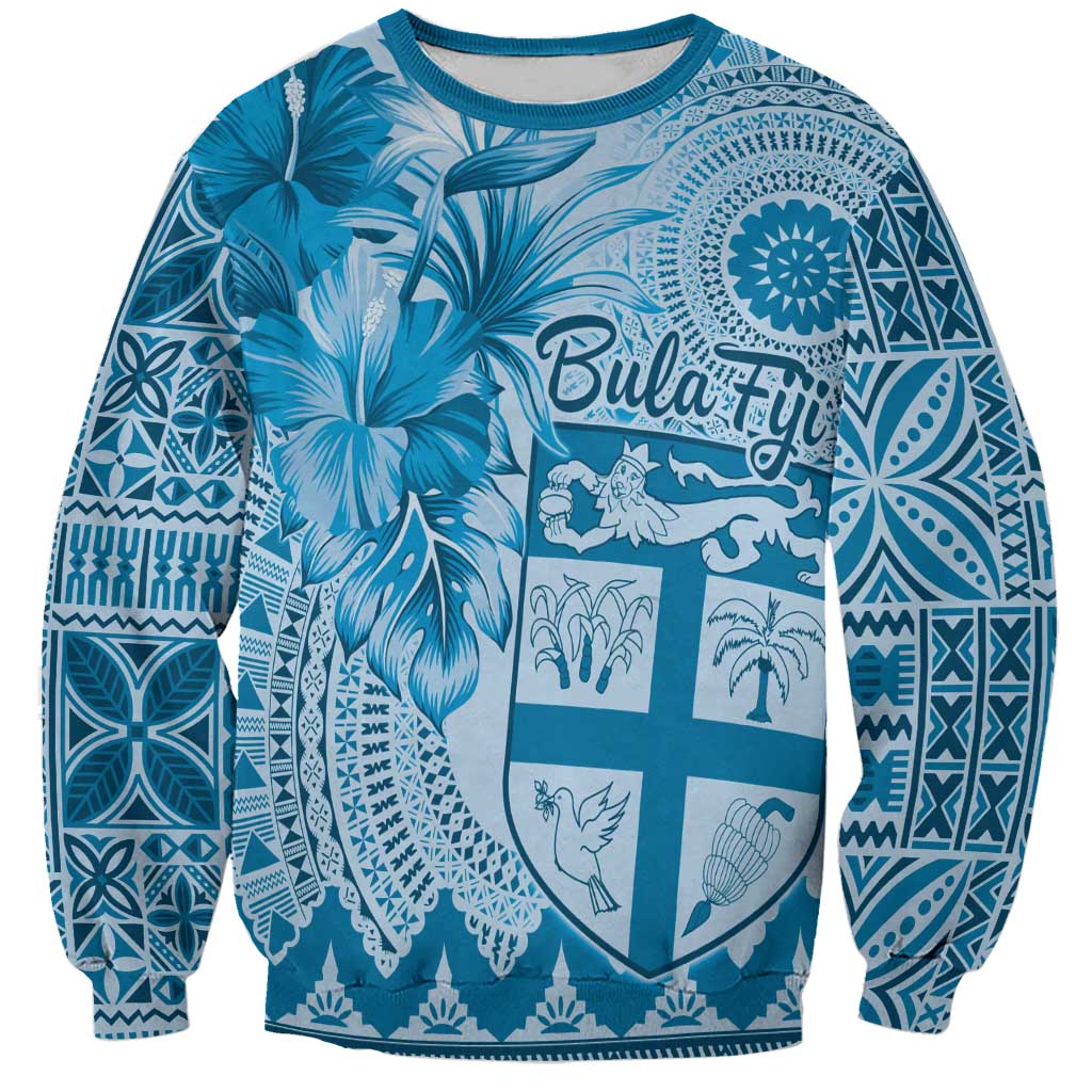 Vintage Bula Fiji Personalised Sweatshirt Blue Hibiscus Tapa Pattern LT9 Unisex Blue - Polynesian Pride