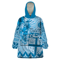 Vintage Bula Fiji Personalised Wearable Blanket Hoodie Blue Hibiscus Tapa Pattern LT9 One Size Blue - Polynesian Pride