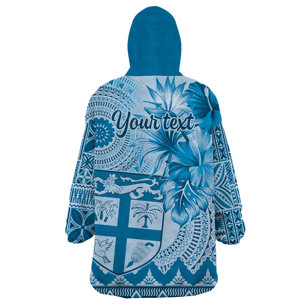 Vintage Bula Fiji Personalised Wearable Blanket Hoodie Blue Hibiscus Tapa Pattern LT9 - Polynesian Pride