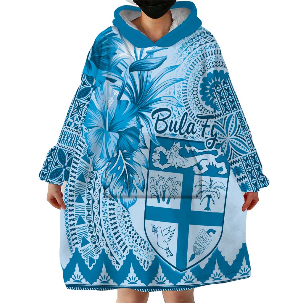 Vintage Bula Fiji Personalised Wearable Blanket Hoodie Blue Hibiscus Tapa Pattern LT9 - Polynesian Pride