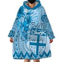 Vintage Bula Fiji Personalised Wearable Blanket Hoodie Blue Hibiscus Tapa Pattern LT9 - Polynesian Pride