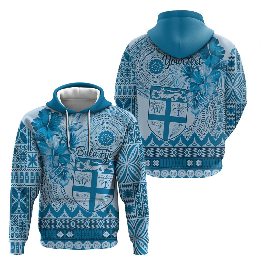 Vintage Bula Fiji Personalised Zip Hoodie Blue Hibiscus Tapa Pattern LT9 - Polynesian Pride