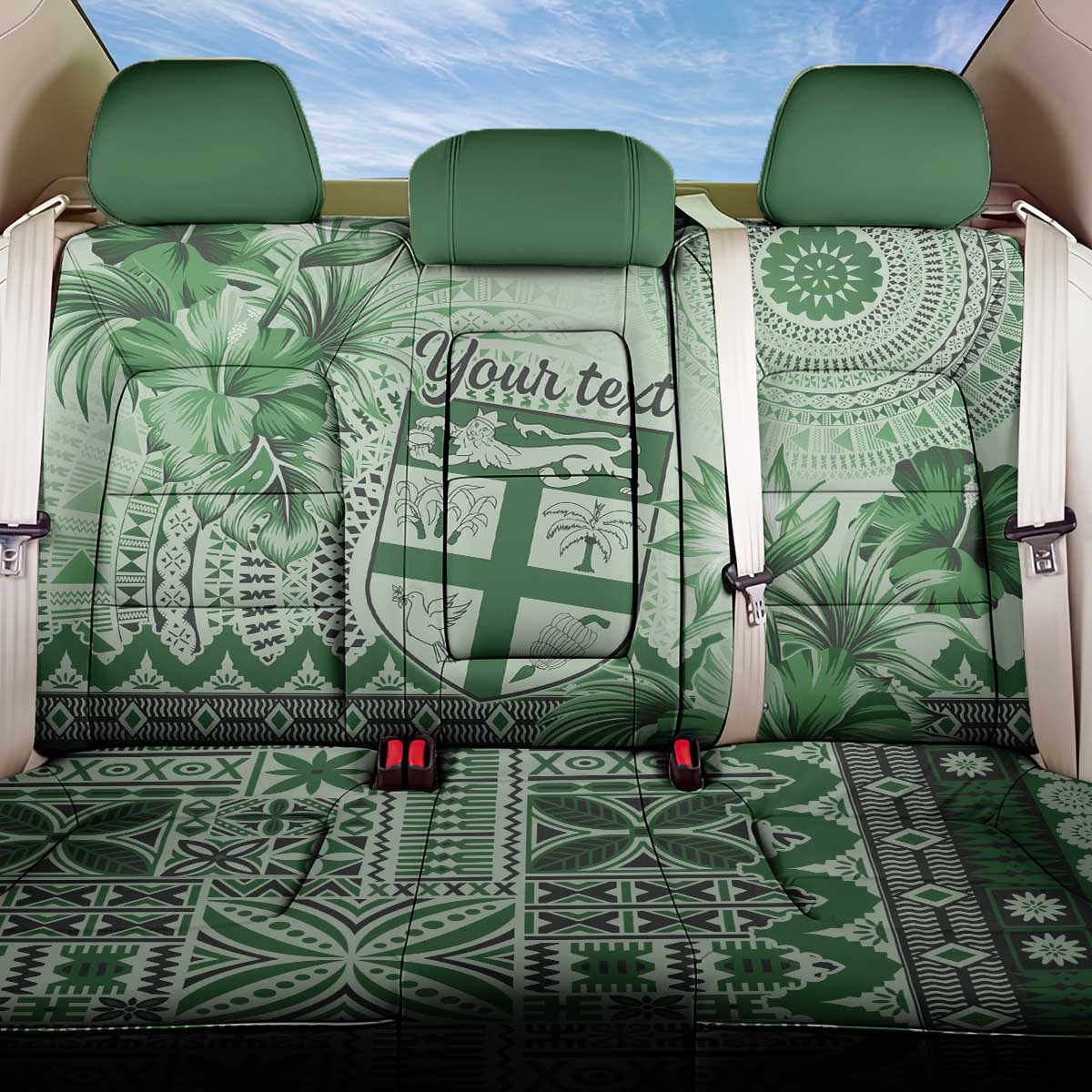 Vintage Bula Fiji Personalised Back Car Seat Cover Green Hibiscus Tapa Pattern LT9 One Size Green - Polynesian Pride