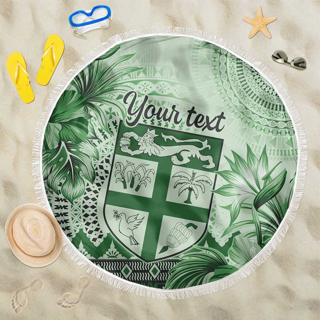 Vintage Bula Fiji Personalised Beach Blanket Green Hibiscus Tapa Pattern LT9 One Size 150cm Green - Polynesian Pride