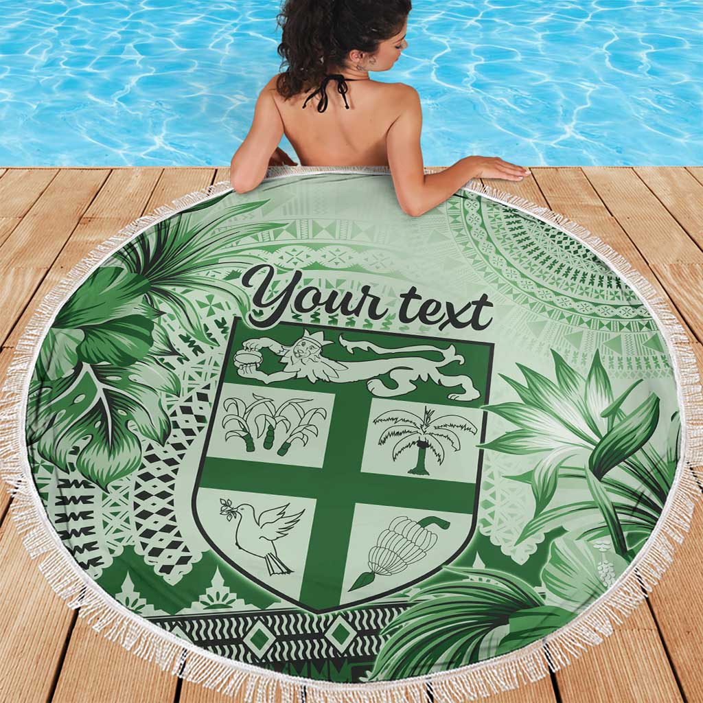 Vintage Bula Fiji Personalised Beach Blanket Green Hibiscus Tapa Pattern LT9 - Polynesian Pride