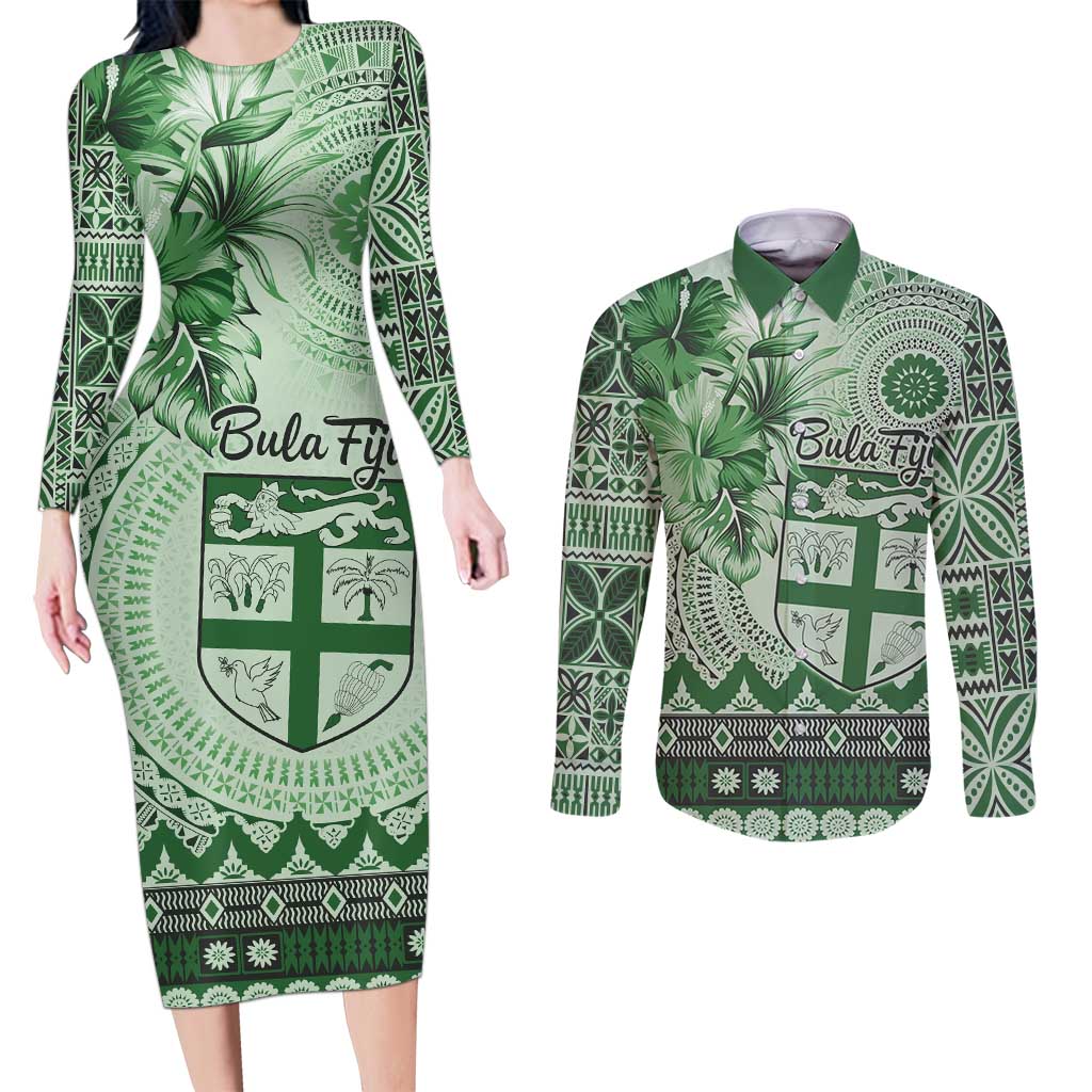 Vintage Bula Fiji Personalised Couples Matching Long Sleeve Bodycon Dress and Long Sleeve Button Shirt Green Hibiscus Tapa Pattern