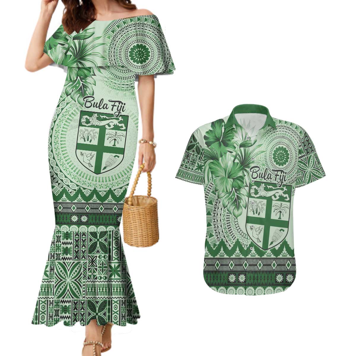 Vintage Bula Fiji Personalised Couples Matching Mermaid Dress and Hawaiian Shirt Green Hibiscus Tapa Pattern