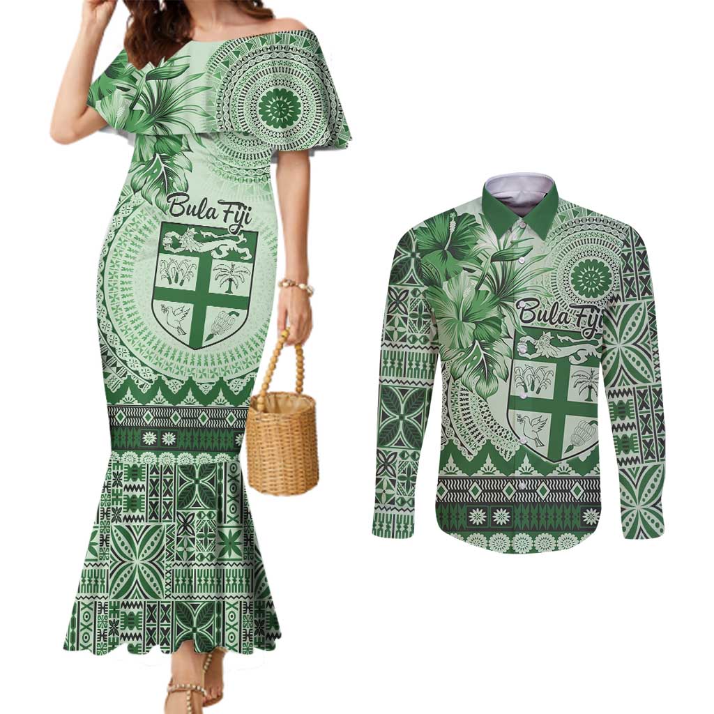 Vintage Bula Fiji Personalised Couples Matching Mermaid Dress and Long Sleeve Button Shirt Green Hibiscus Tapa Pattern