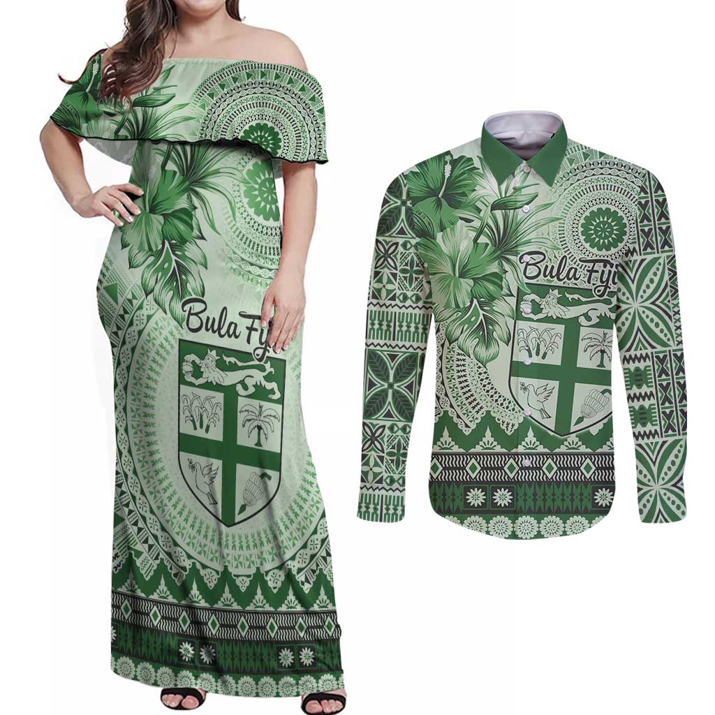 Vintage Bula Fiji Personalised Couples Matching Off Shoulder Maxi Dress and Long Sleeve Button Shirt Green Hibiscus Tapa Pattern LT9 Green - Polynesian Pride