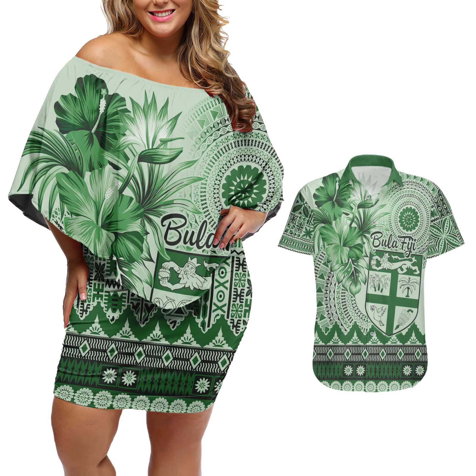 Vintage Bula Fiji Personalised Couples Matching Off Shoulder Short Dress and Hawaiian Shirt Green Hibiscus Tapa Pattern