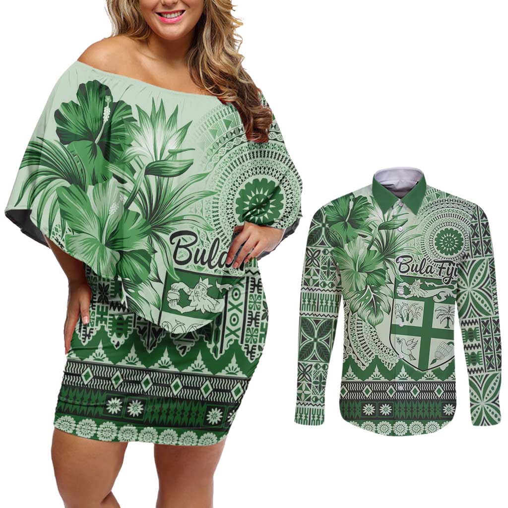 Vintage Bula Fiji Personalised Couples Matching Off Shoulder Short Dress and Long Sleeve Button Shirt Green Hibiscus Tapa Pattern