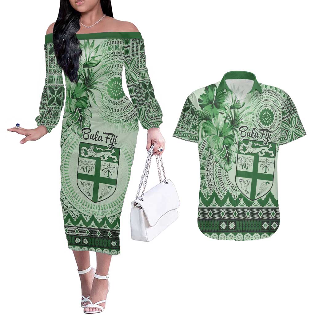 Vintage Bula Fiji Personalised Couples Matching Off The Shoulder Long Sleeve Dress and Hawaiian Shirt Green Hibiscus Tapa Pattern