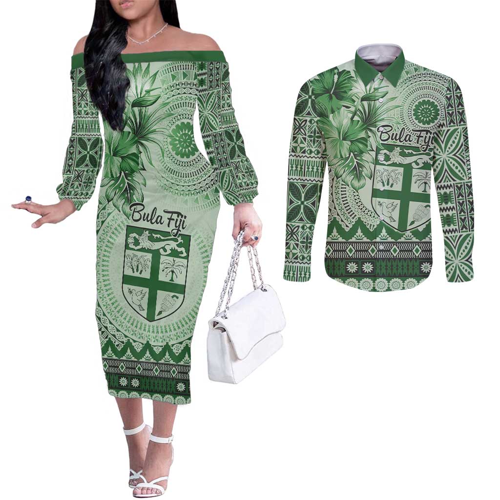 Vintage Bula Fiji Personalised Couples Matching Off The Shoulder Long Sleeve Dress and Long Sleeve Button Shirt Green Hibiscus Tapa Pattern