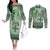 Vintage Bula Fiji Personalised Couples Matching Off The Shoulder Long Sleeve Dress and Long Sleeve Button Shirt Green Hibiscus Tapa Pattern