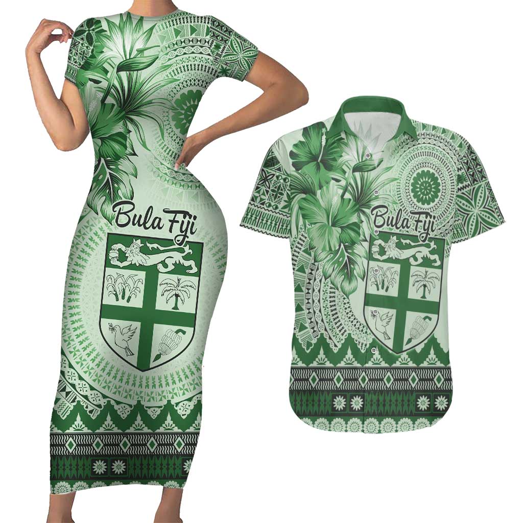 Vintage Bula Fiji Personalised Couples Matching Short Sleeve Bodycon Dress and Hawaiian Shirt Green Hibiscus Tapa Pattern