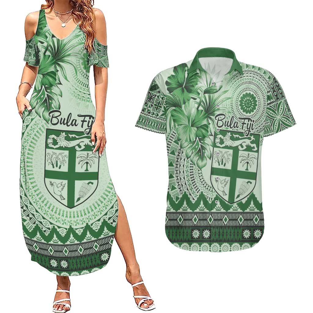 Vintage Bula Fiji Personalised Couples Matching Summer Maxi Dress and Hawaiian Shirt Green Hibiscus Tapa Pattern