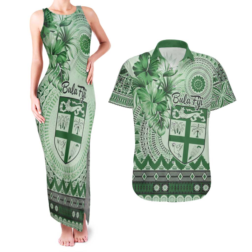 Vintage Bula Fiji Personalised Couples Matching Tank Maxi Dress and Hawaiian Shirt Green Hibiscus Tapa Pattern