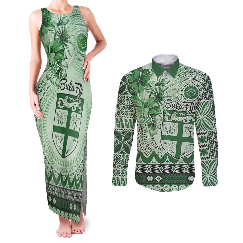 Vintage Bula Fiji Personalised Couples Matching Tank Maxi Dress and Long Sleeve Button Shirt Green Hibiscus Tapa Pattern