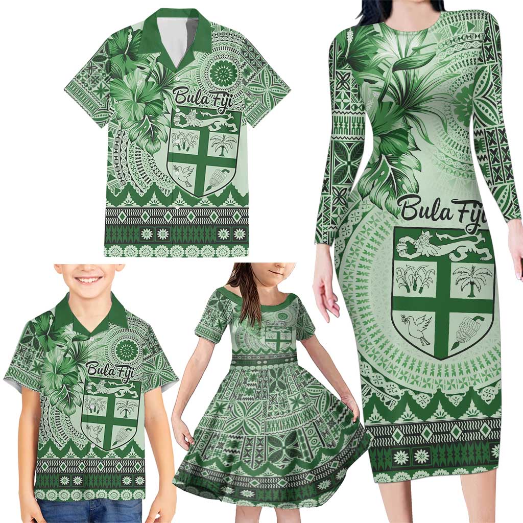 Vintage Bula Fiji Personalised Family Matching Long Sleeve Bodycon Dress and Hawaiian Shirt Green Hibiscus Tapa Pattern