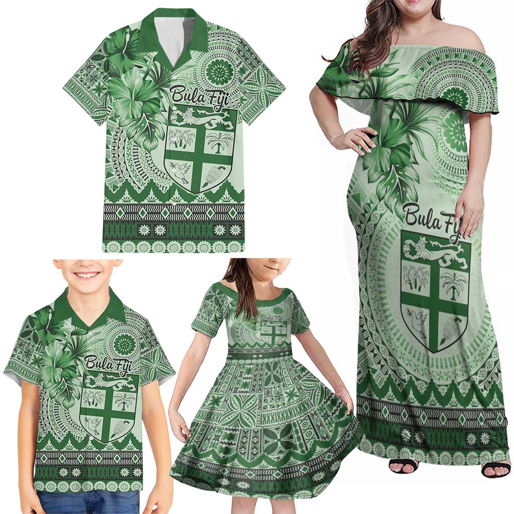 Vintage Bula Fiji Personalised Family Matching Off Shoulder Maxi Dress and Hawaiian Shirt Green Hibiscus Tapa Pattern