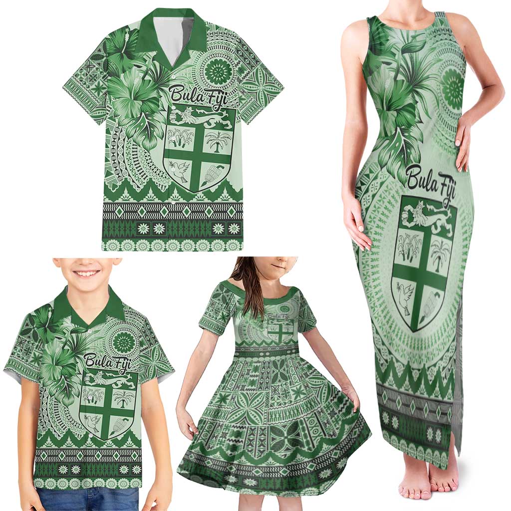 Vintage Bula Fiji Personalised Family Matching Tank Maxi Dress and Hawaiian Shirt Green Hibiscus Tapa Pattern