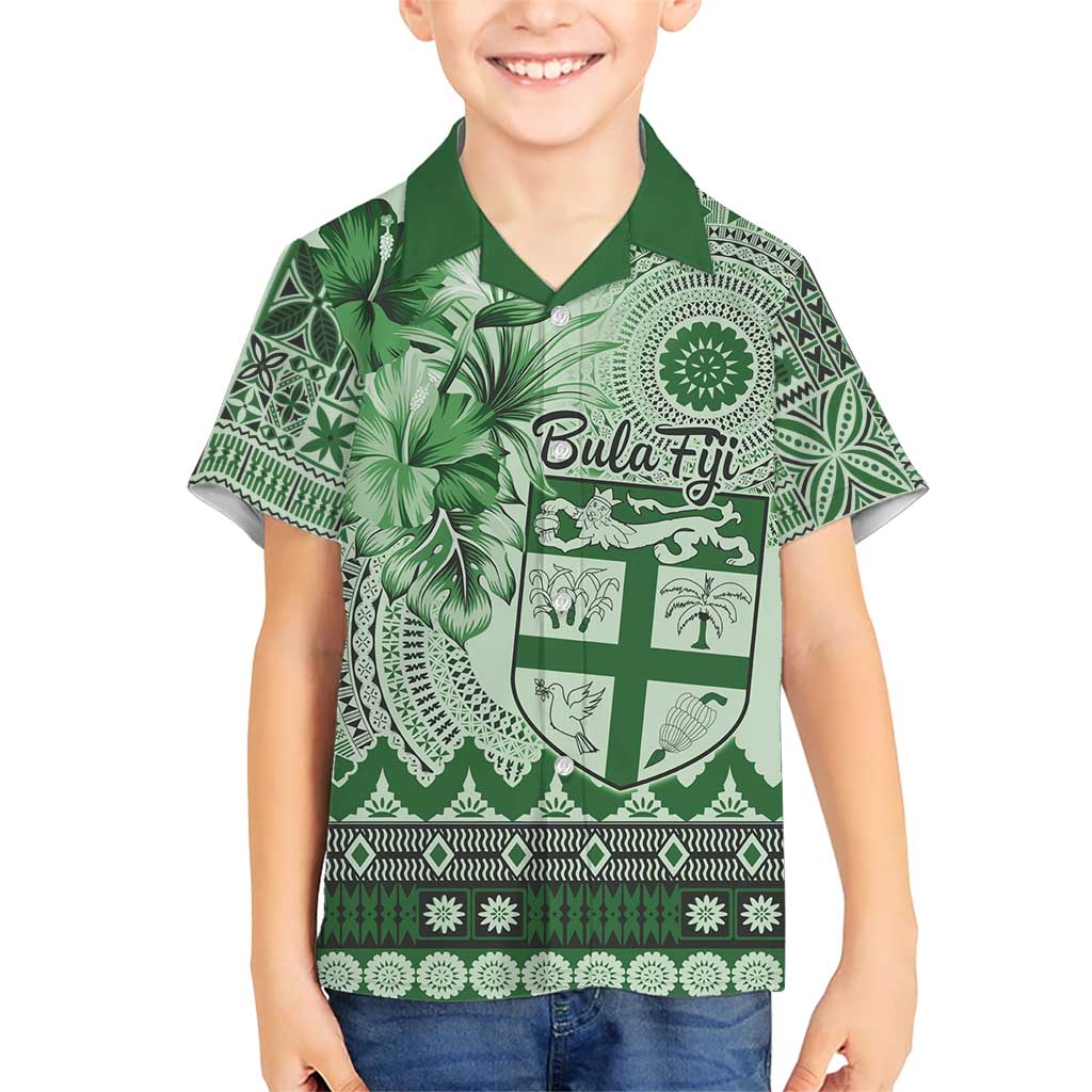 Vintage Bula Fiji Personalised Kid Hawaiian Shirt Green Hibiscus Tapa Pattern LT9 Kid Green - Polynesian Pride