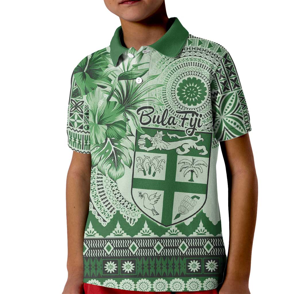 Vintage Bula Fiji Personalised Kid Polo Shirt Green Hibiscus Tapa Pattern