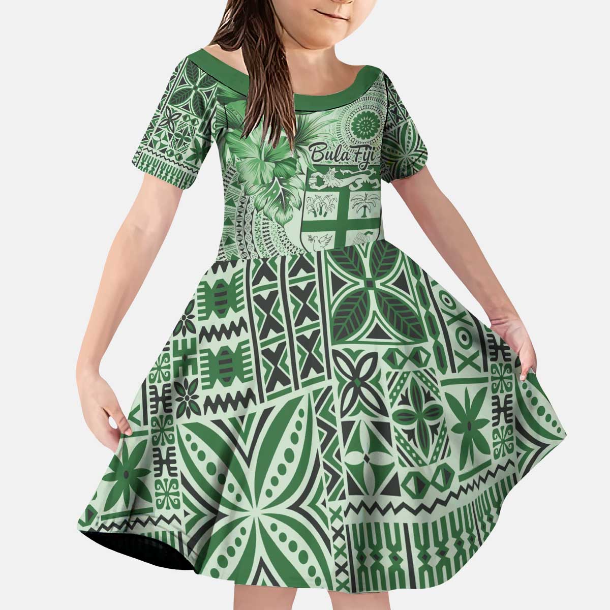 Vintage Bula Fiji Personalised Kid Short Sleeve Dress Green Hibiscus Tapa Pattern