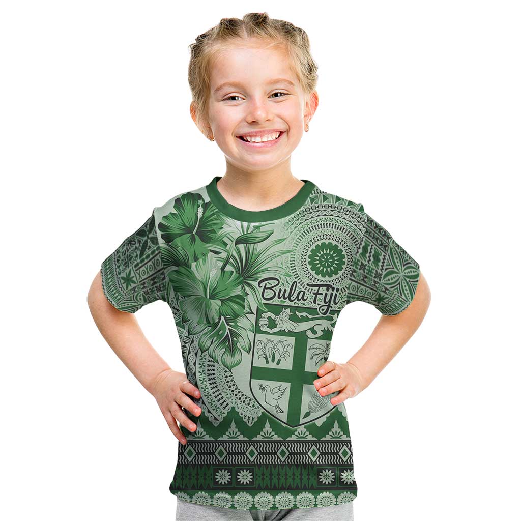 Vintage Bula Fiji Personalised Kid T Shirt Green Hibiscus Tapa Pattern LT9 Green - Polynesian Pride