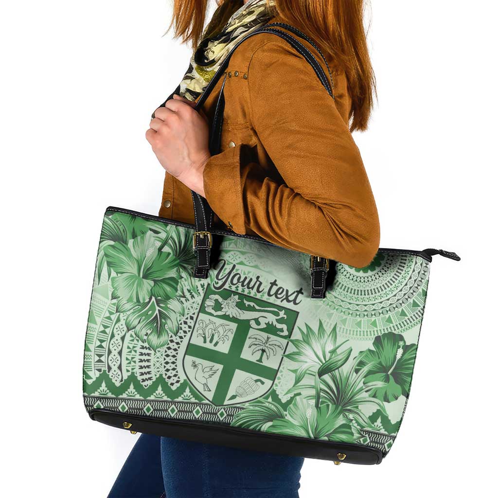 Vintage Bula Fiji Personalised Leather Tote Bag Green Hibiscus Tapa Pattern LT9 Green - Polynesian Pride