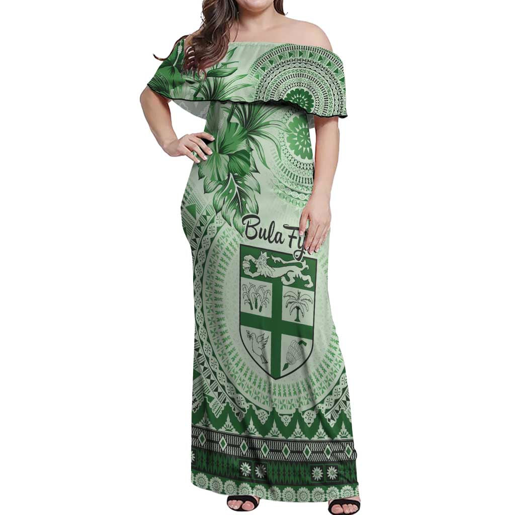 Vintage Bula Fiji Personalised Off Shoulder Maxi Dress Green Hibiscus Tapa Pattern LT9 Women Green - Polynesian Pride