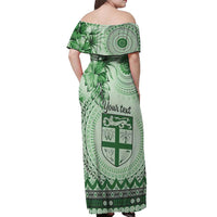 Vintage Bula Fiji Personalised Off Shoulder Maxi Dress Green Hibiscus Tapa Pattern LT9 - Polynesian Pride