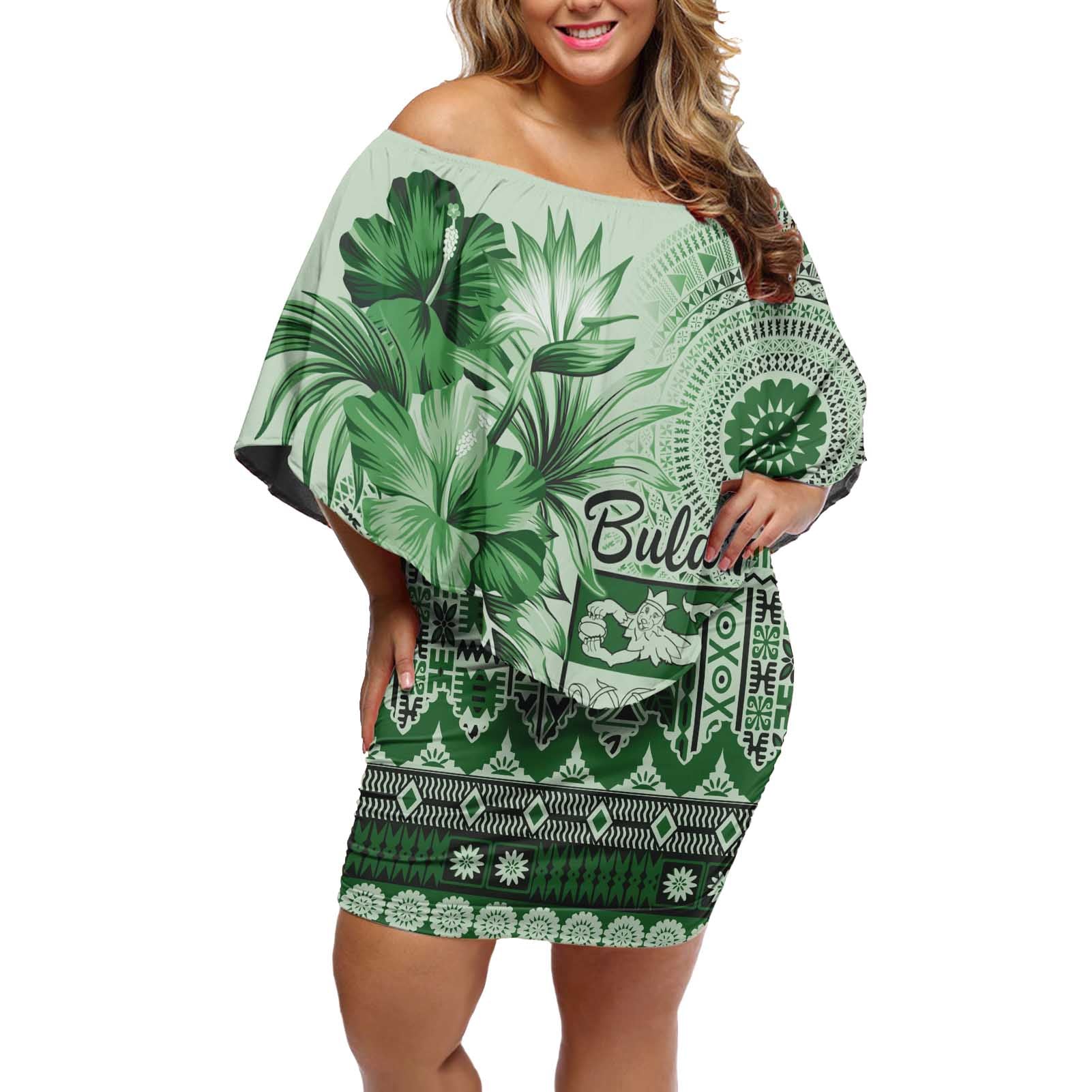 Vintage Bula Fiji Personalised Off Shoulder Short Dress Green Hibiscus Tapa Pattern