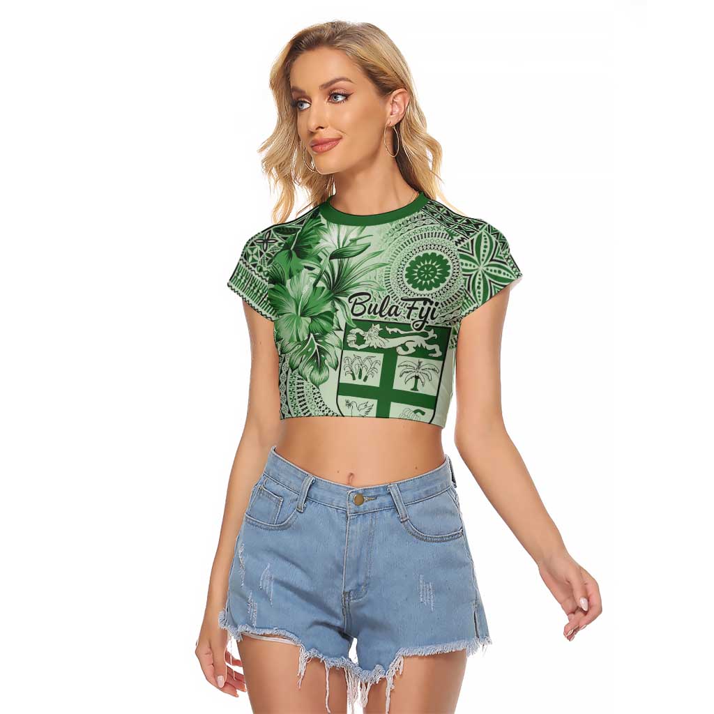 Vintage Bula Fiji Personalised Raglan Cropped T Shirt Green Hibiscus Tapa Pattern LT9 Female Green - Polynesian Pride