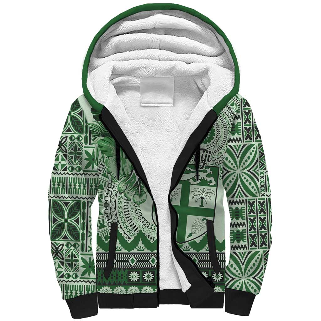 Vintage Bula Fiji Personalised Sherpa Hoodie Green Hibiscus Tapa Pattern LT9 Unisex Green - Polynesian Pride