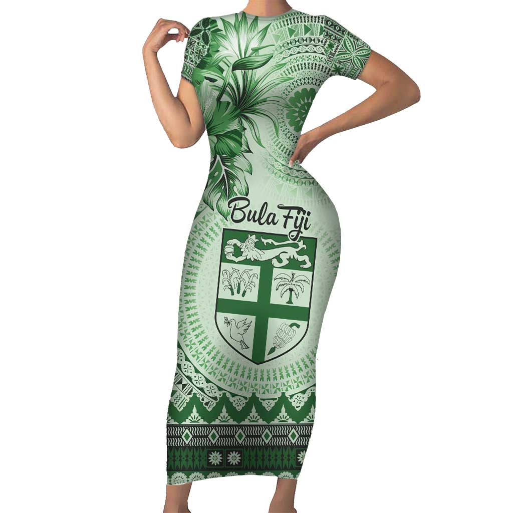 Vintage Bula Fiji Personalised Short Sleeve Bodycon Dress Green Hibiscus Tapa Pattern